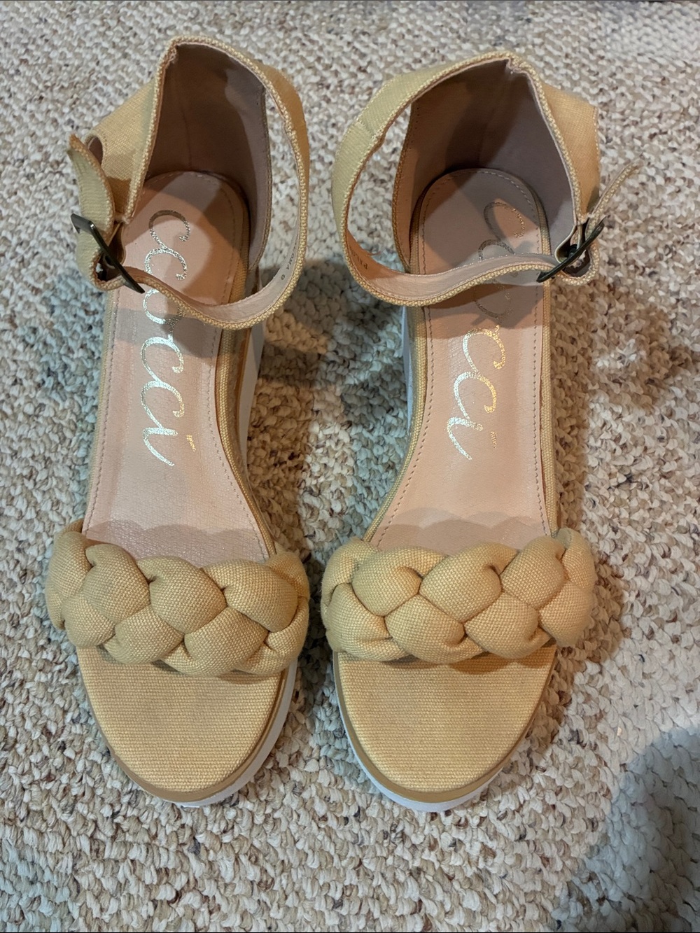 CCOCCI Yellow Braided Ankle-Strap Wedge Sandals